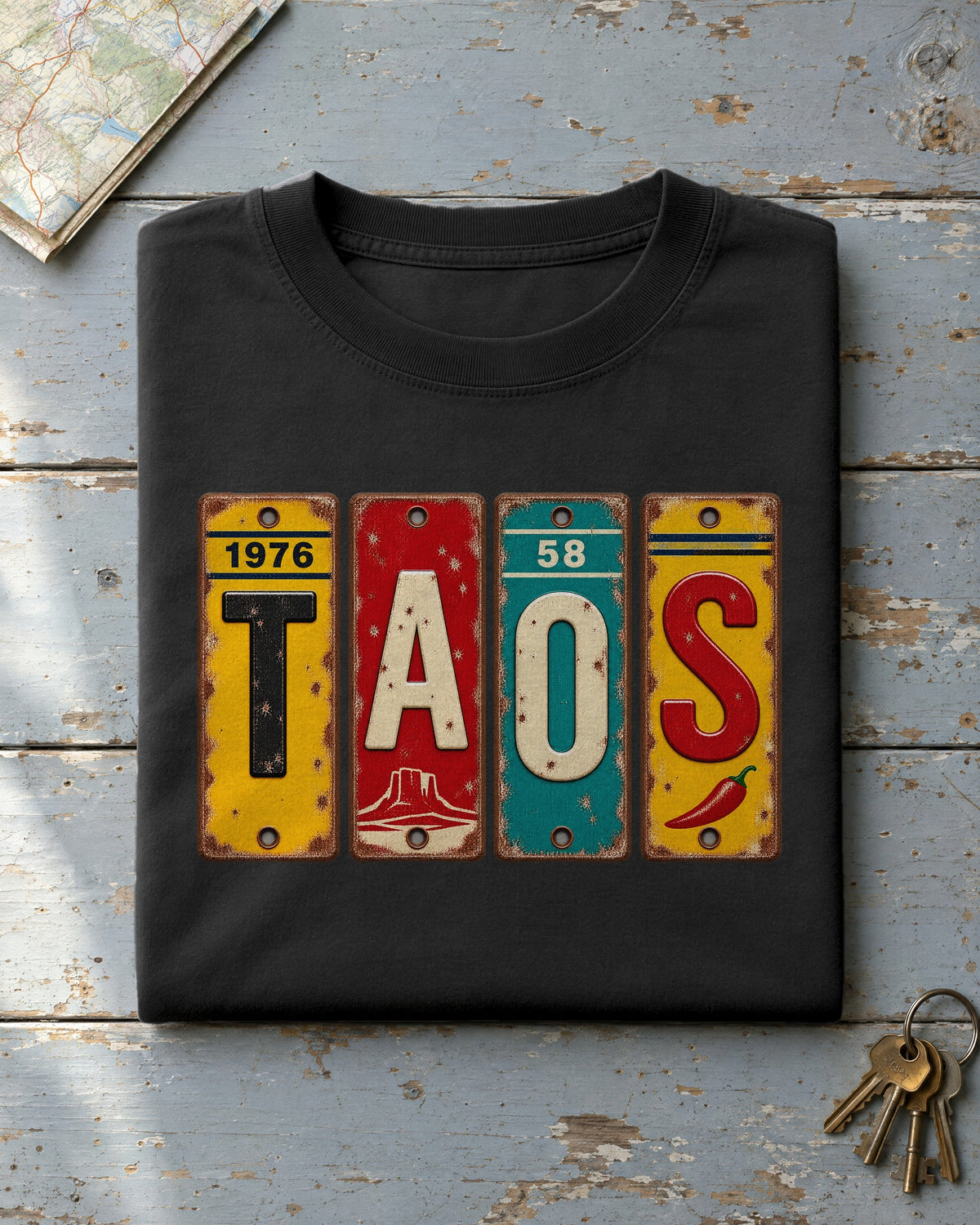 Taos, New Mexico vintage license plate t-shirt in Black