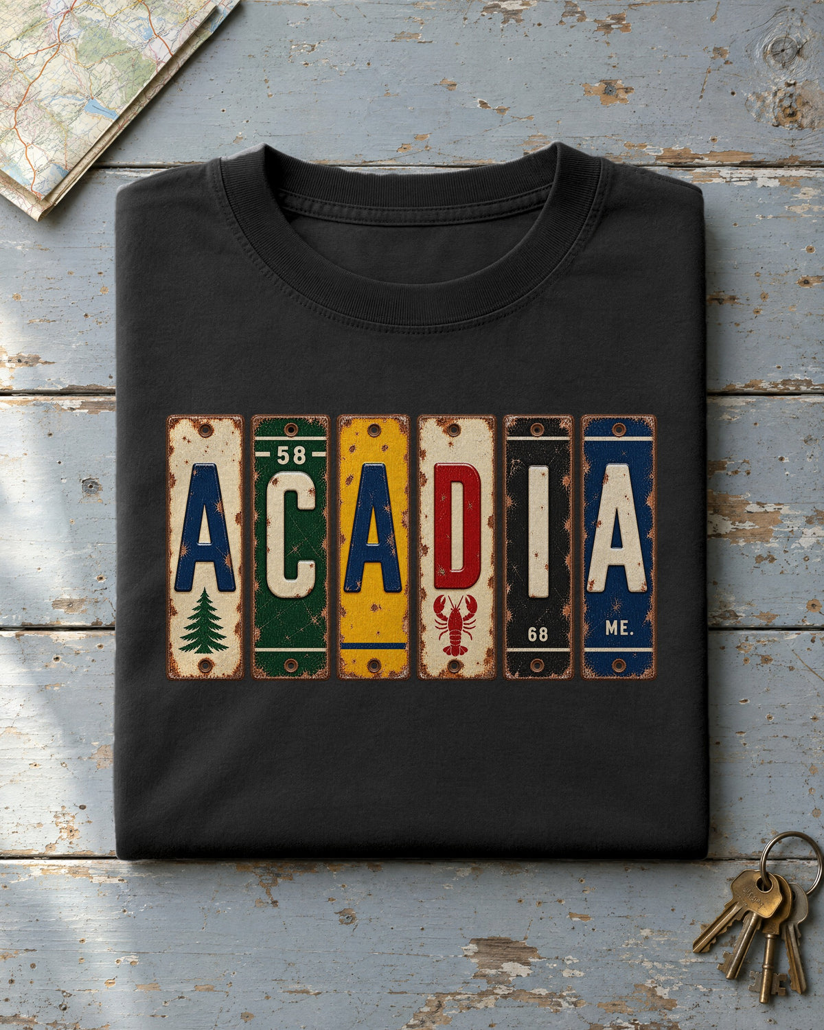Acadia, Maine vintage license plate t-shirt in Black