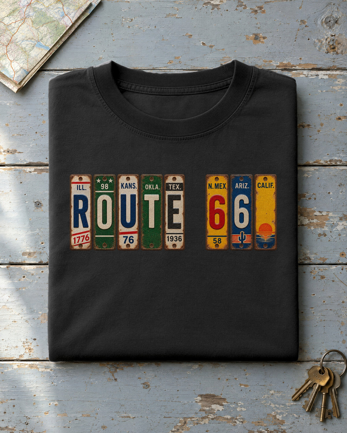 Route 66 vintage license plate t-shirt in Black