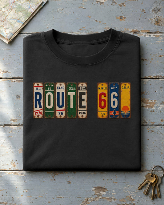 Route 66 vintage license plate t-shirt in Black