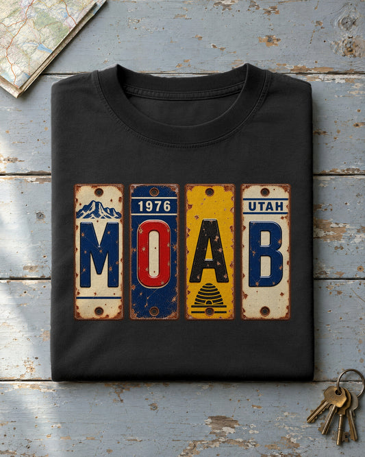 Moab, Utah vintage license plate t-shirt in Black