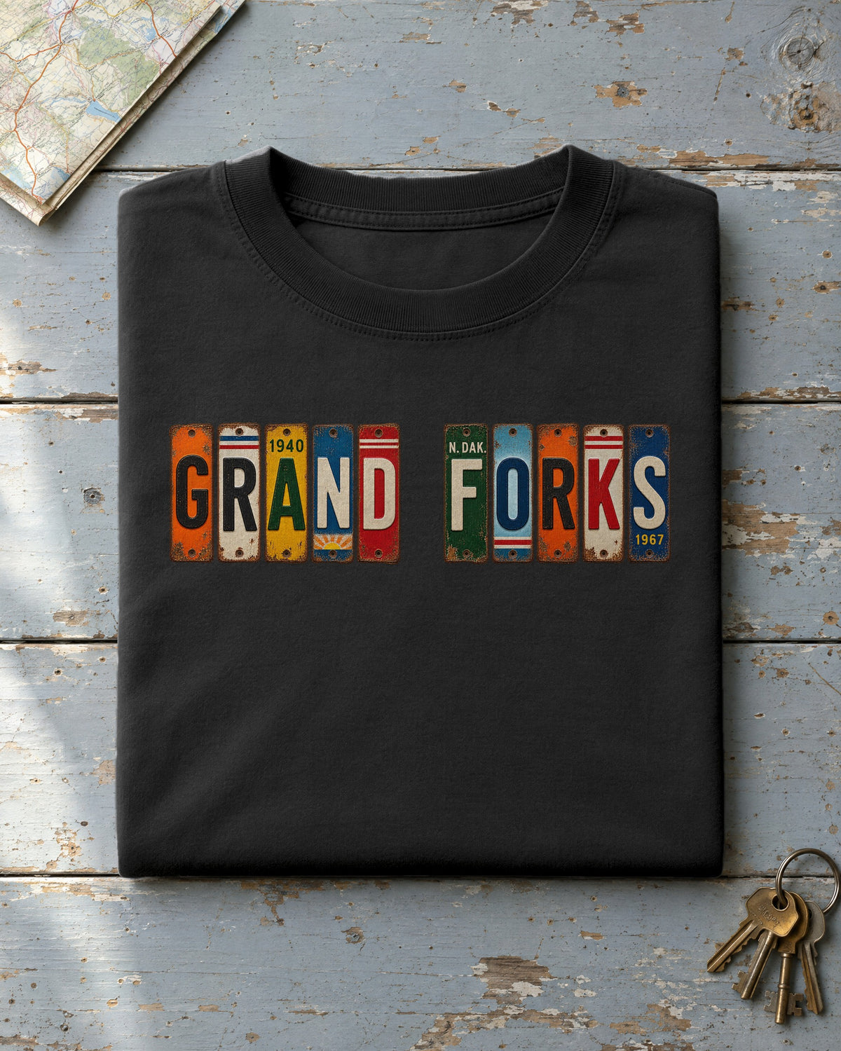 Grand Forks, North Dakota vintage license plate t-shirt in Black