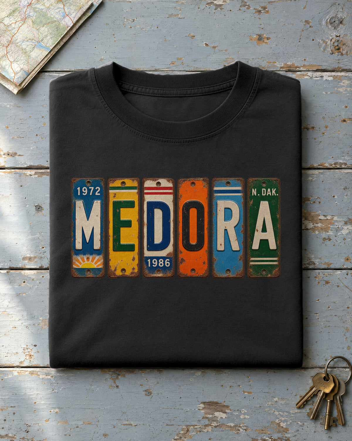 Medora, North Dakota vintage license plate t-shirt in Black