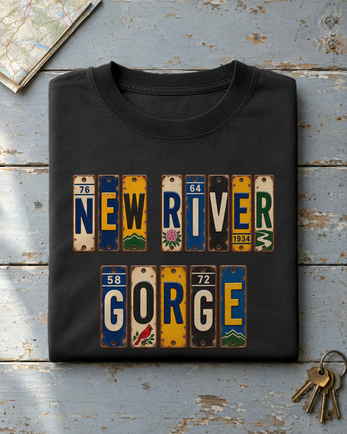 New River Gorge, West Virginia vintage license plate t-shirt in Black