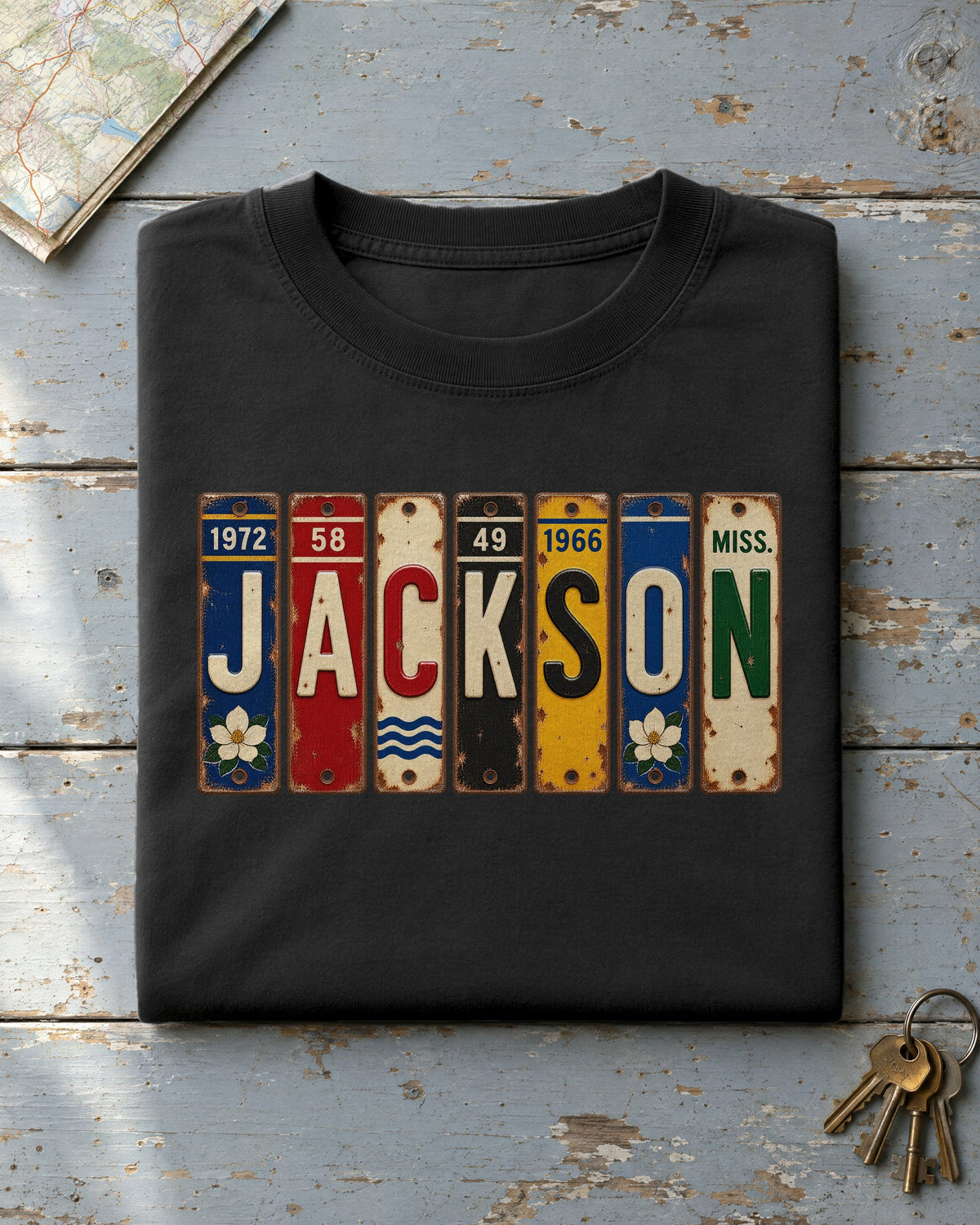 Jackson, Mississippi vintage license plate t-shirt in Black