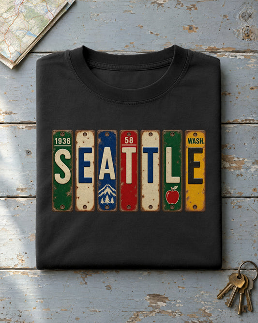 Seattle, Washington vintage license plate t-shirt in Black