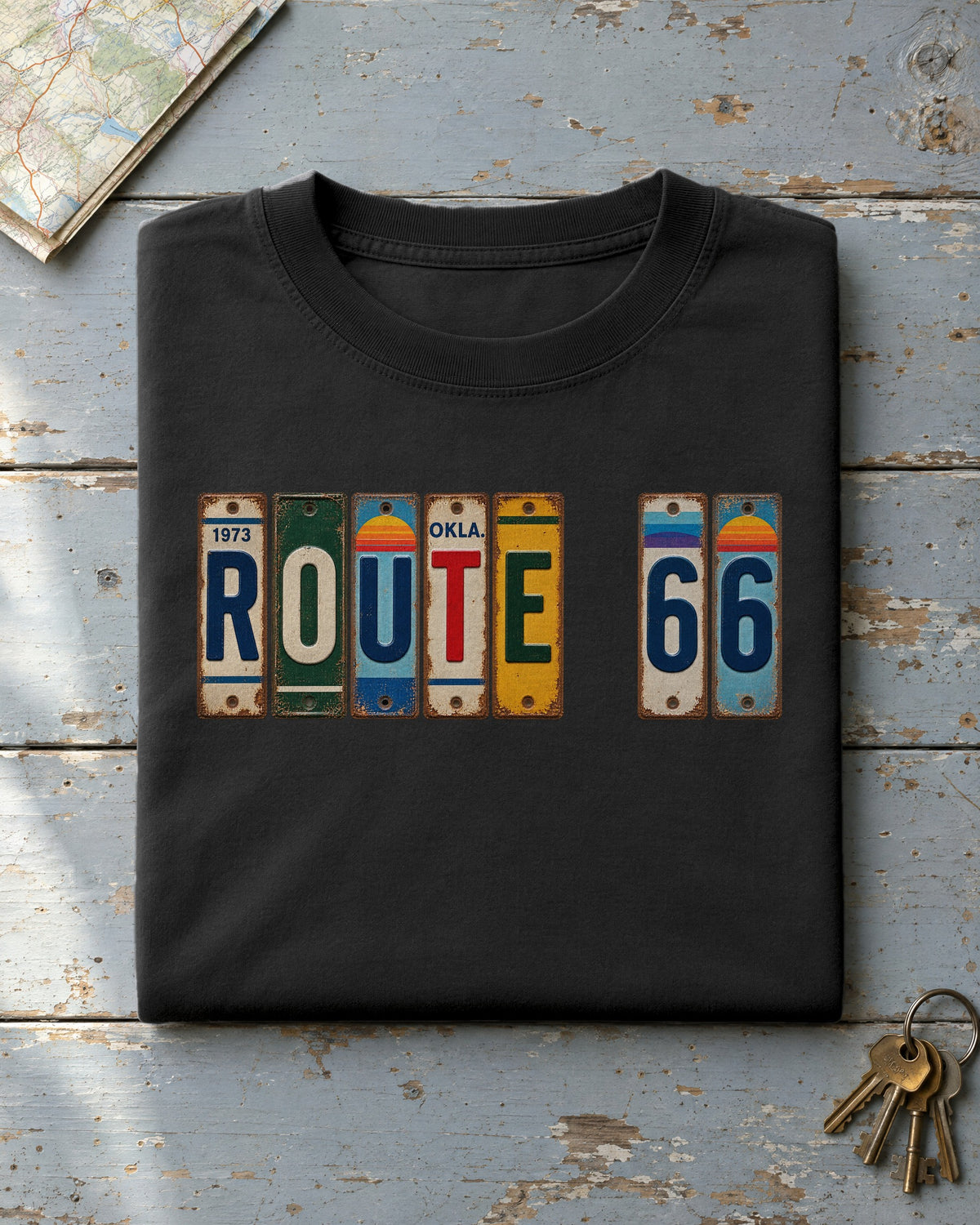 Route 66, Oklahoma vintage license plate t-shirt in Black