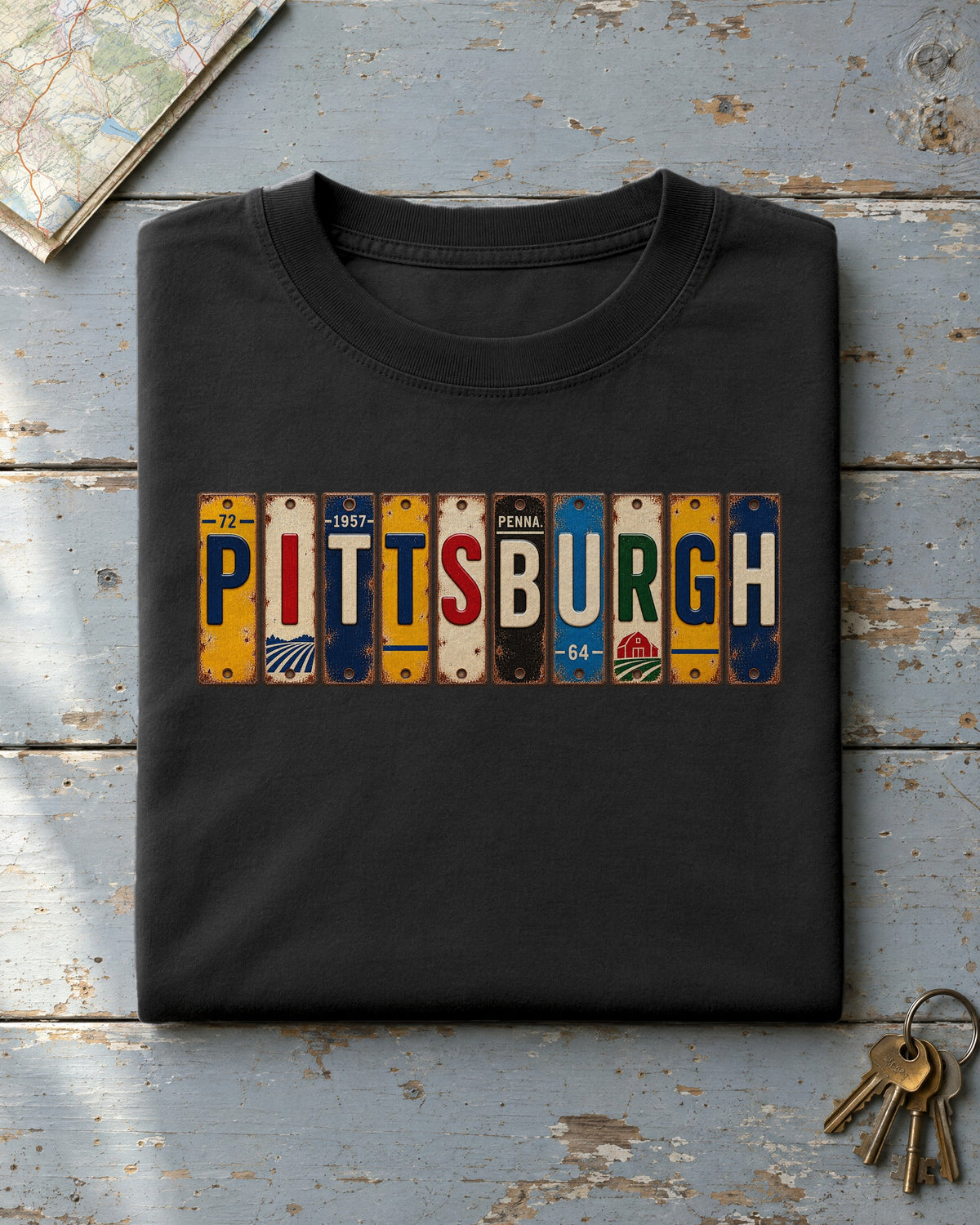 Pittsburgh, Pennsylvania vintage license plate t-shirt in Black