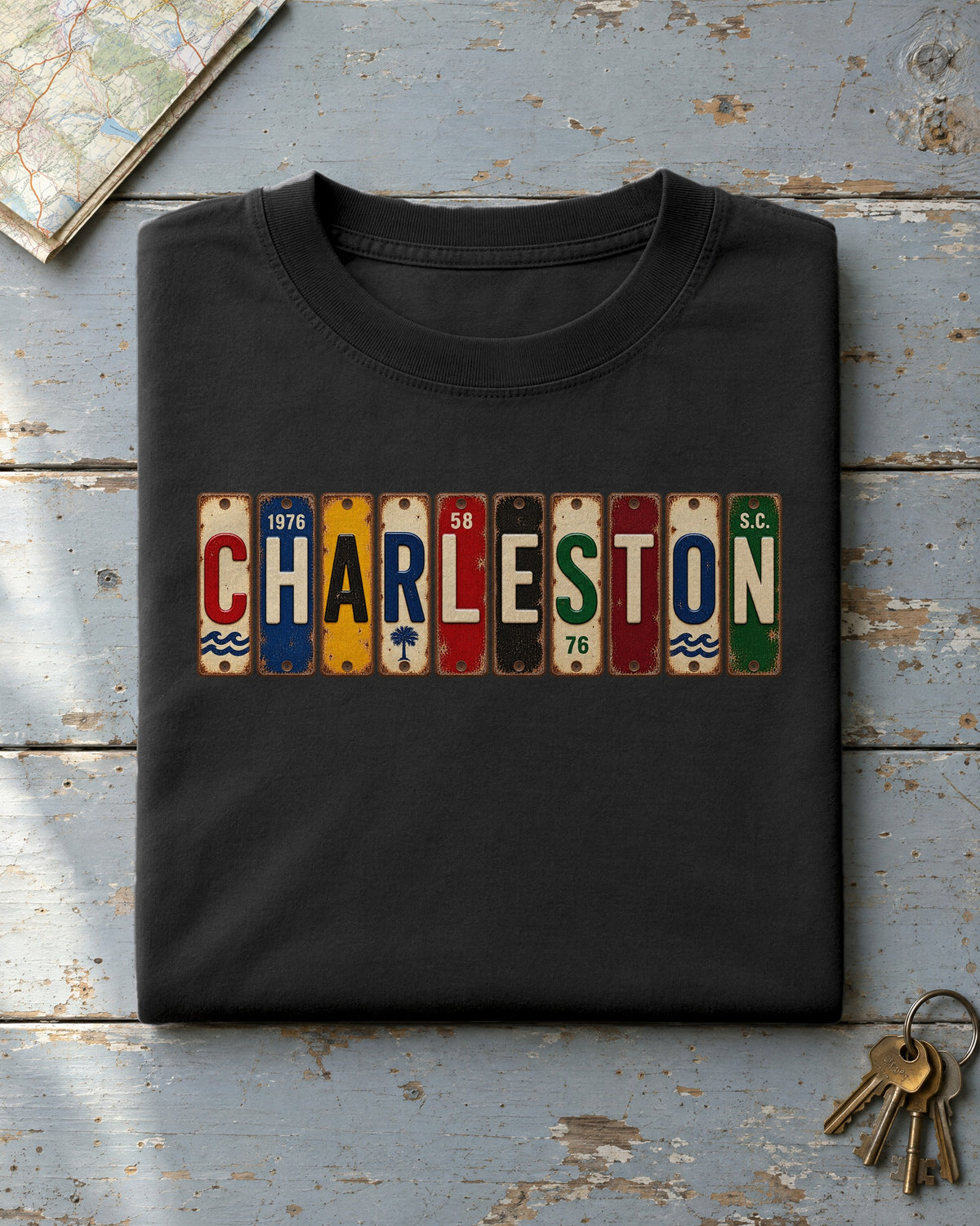 Charleston, South Carolina vintage license plate t-shirt in Black