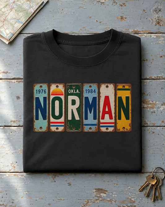 Norman, Oklahoma vintage license plate t-shirt in Black