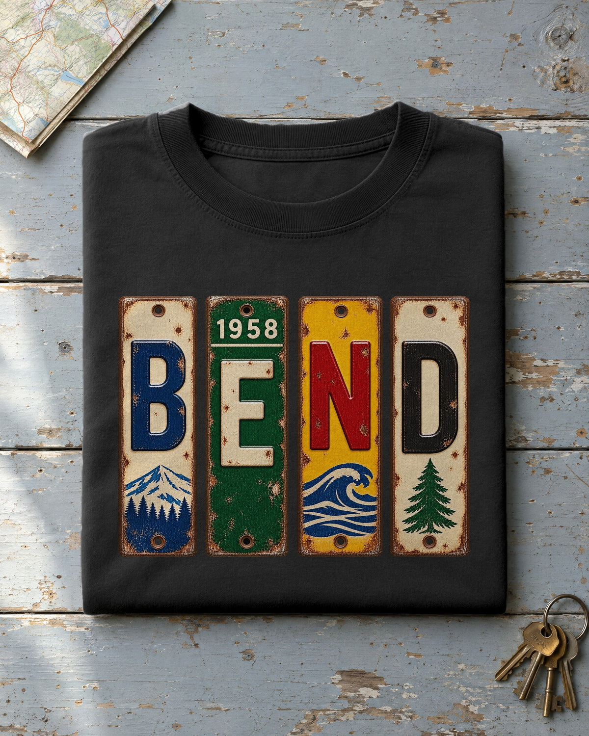 Bend, Oregon vintage license plate t-shirt in Black