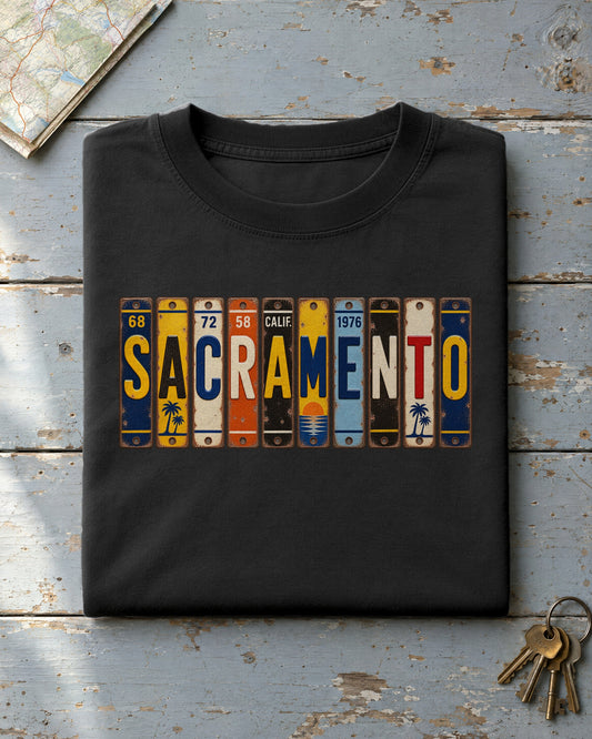 Sacramento, California vintage license plate t-shirt in Black