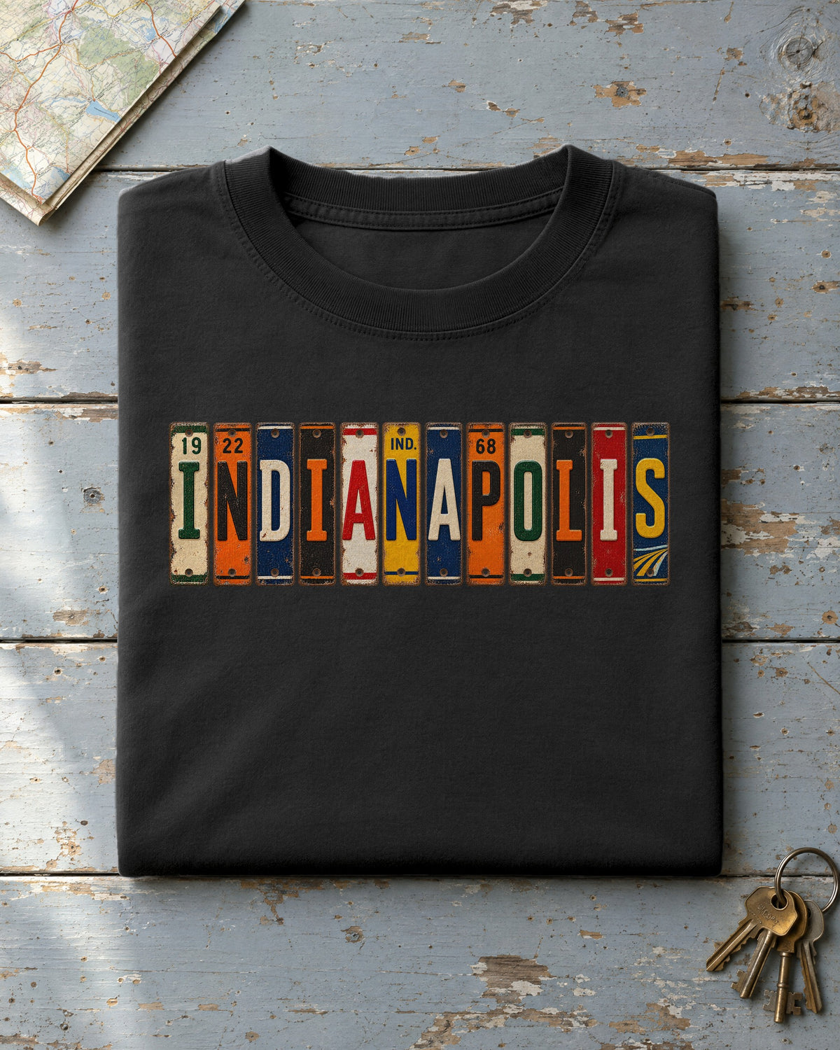 Indianapolis, Indiana vintage license plate t-shirt in Black