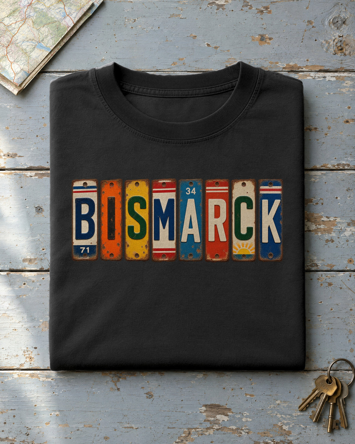 Bismarck, North Dakota vintage license plate t-shirt in Black