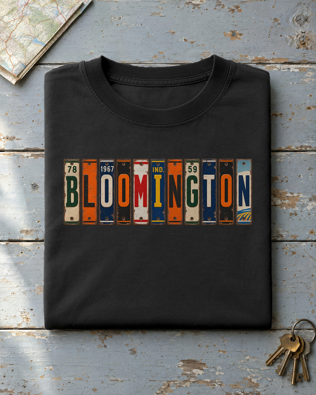 Bloomington, Indiana vintage license plate t-shirt in Black