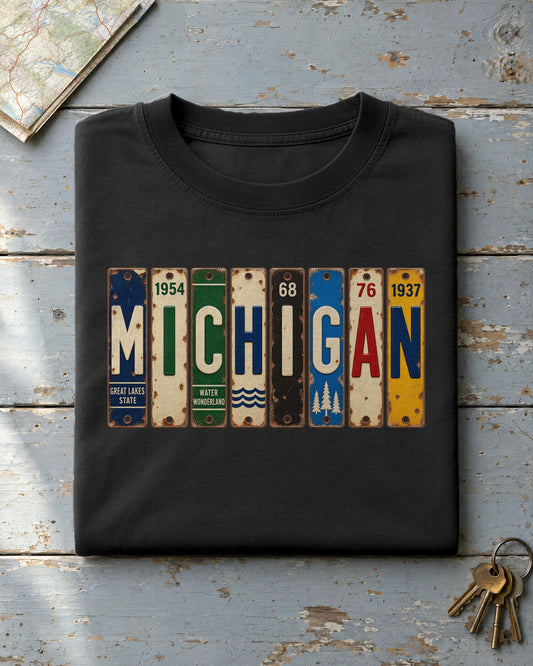 Michigan vintage license plate t-shirt in Black