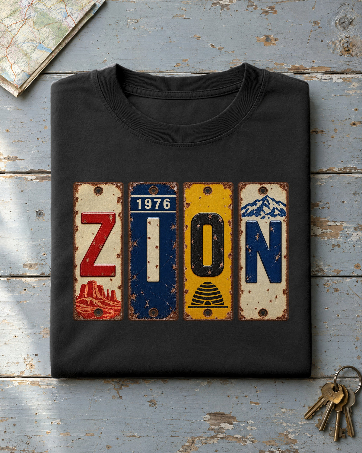 Zion, Utah vintage license plate t-shirt in Black