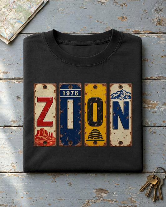 Zion, Utah vintage license plate t-shirt in Black
