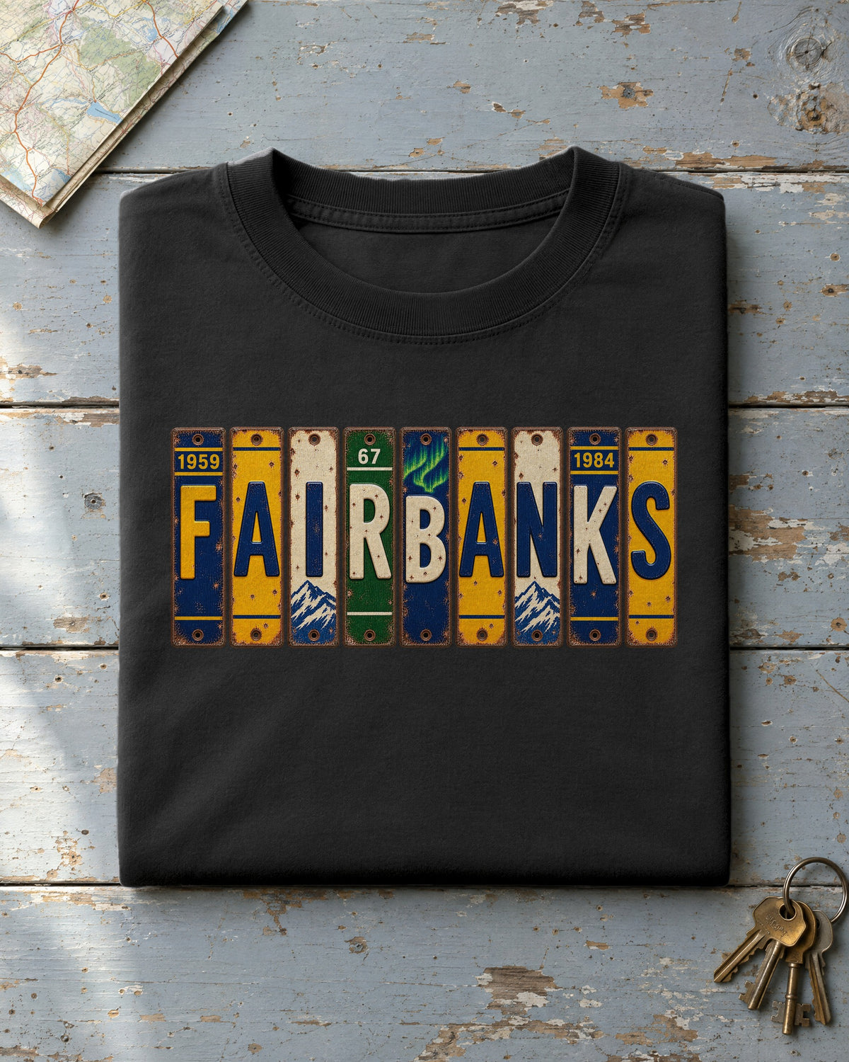 Fairbanks, Alaska vintage license plate t-shirt in Black