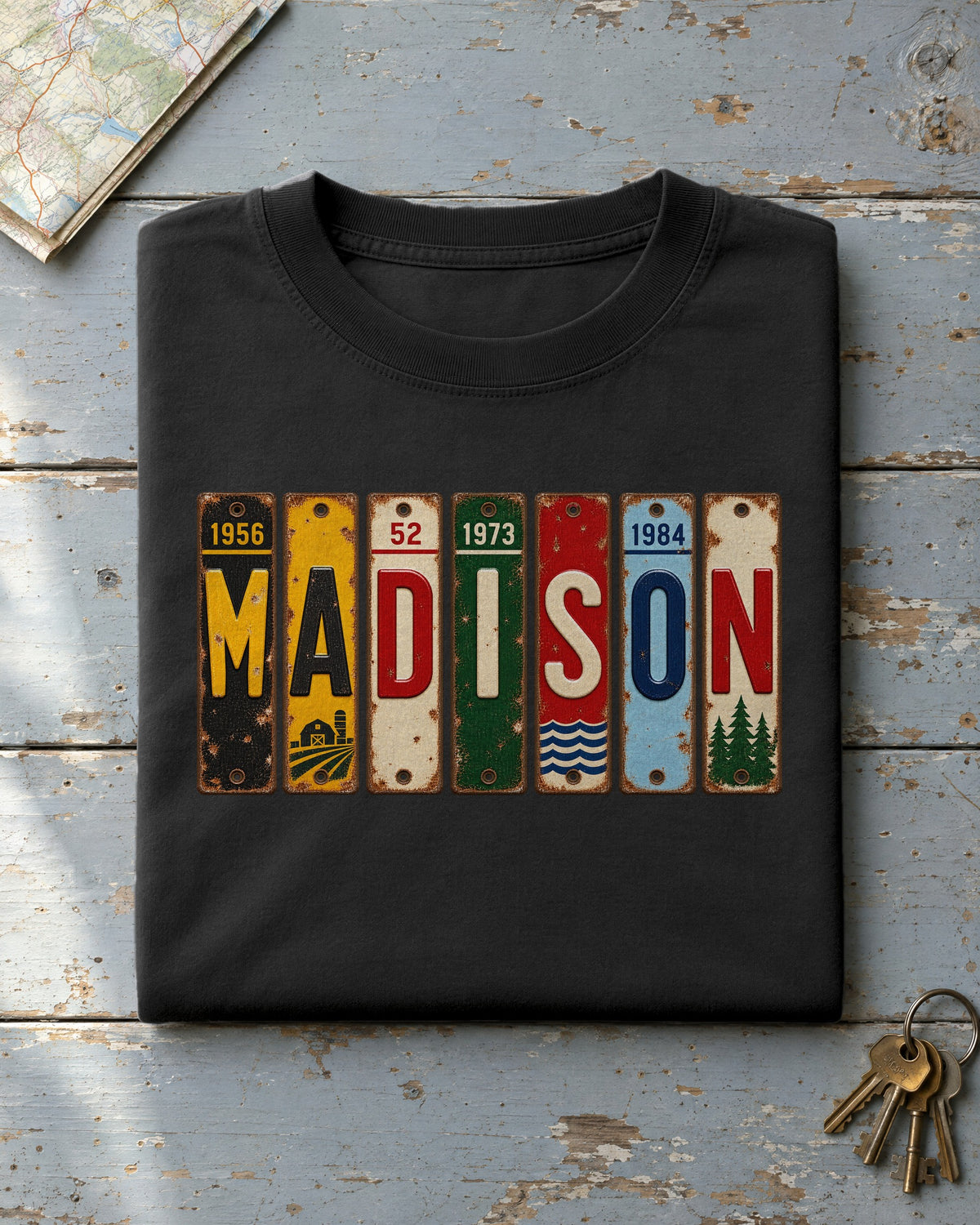 Madison, Wisconsin vintage license plate t-shirt in Black