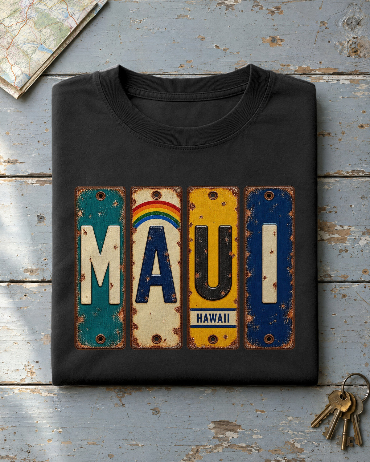 Maui, Hawaii vintage license plate t-shirt in Black