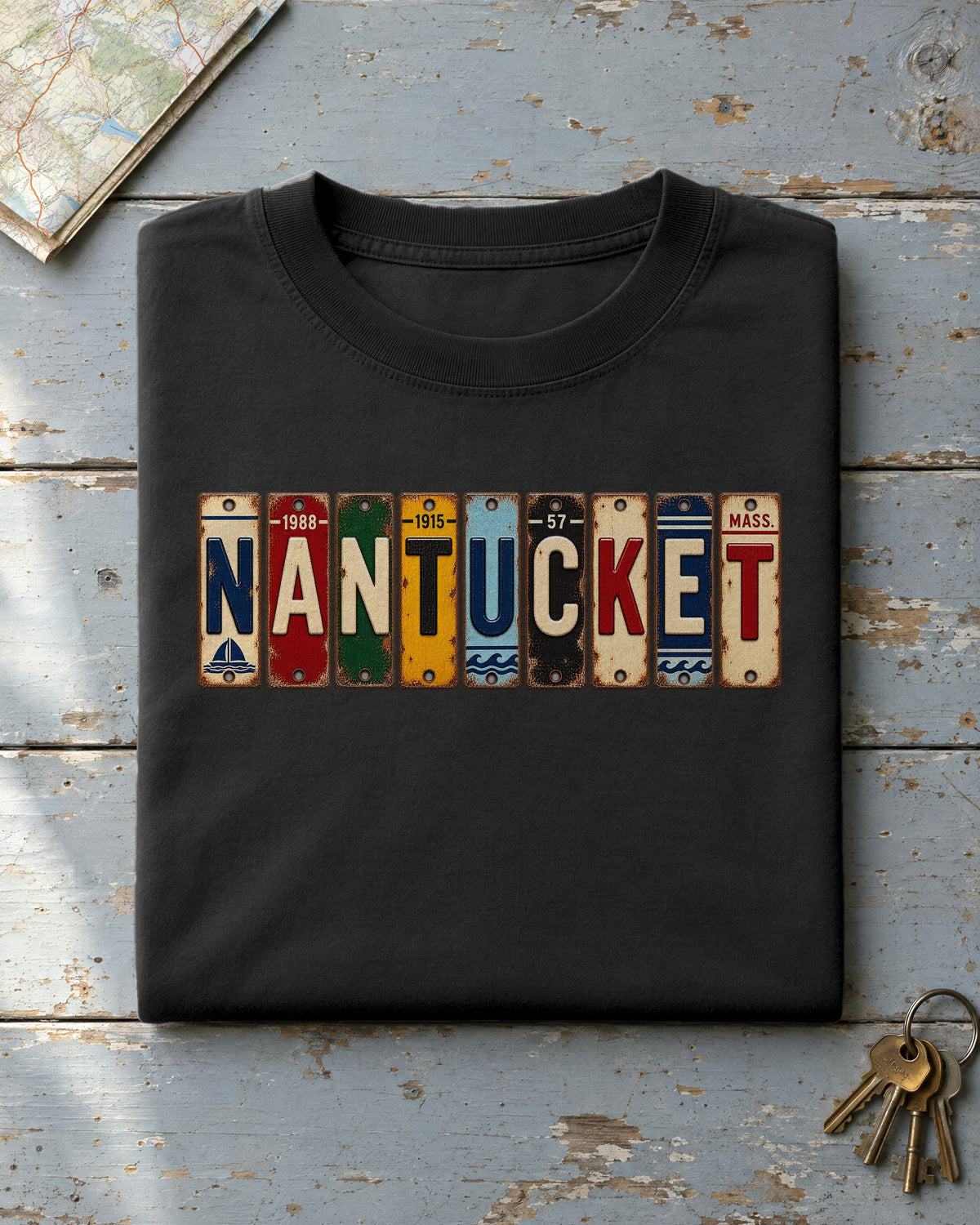 Nantucket, Massachusetts vintage license plate t-shirt in Black