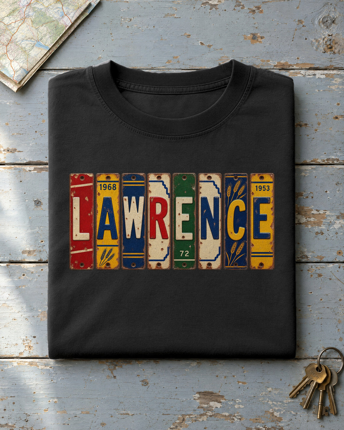 Lawrence, Kansas vintage license plate t-shirt in Black