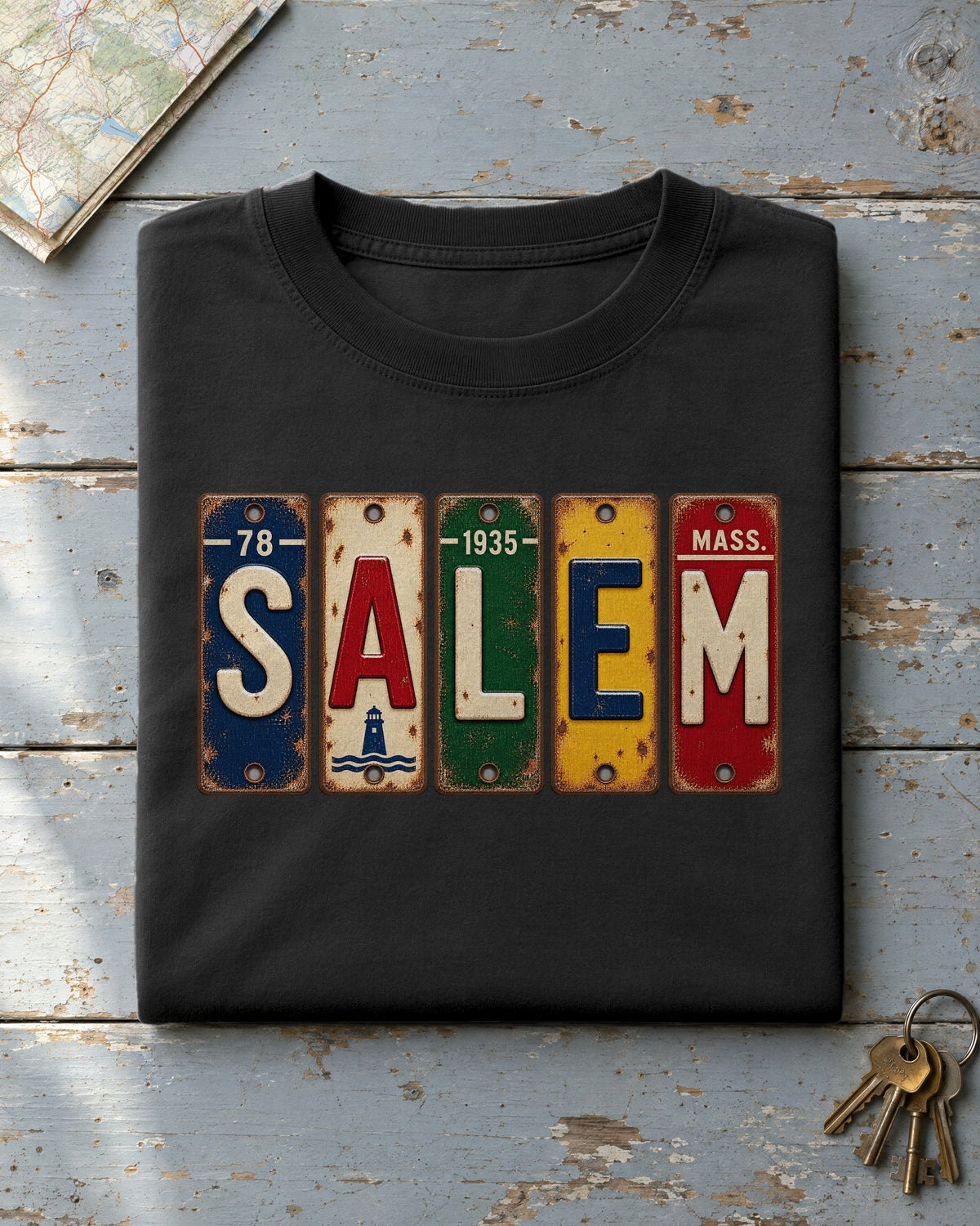 Salem, Massachusetts vintage license plate t-shirt in Black
