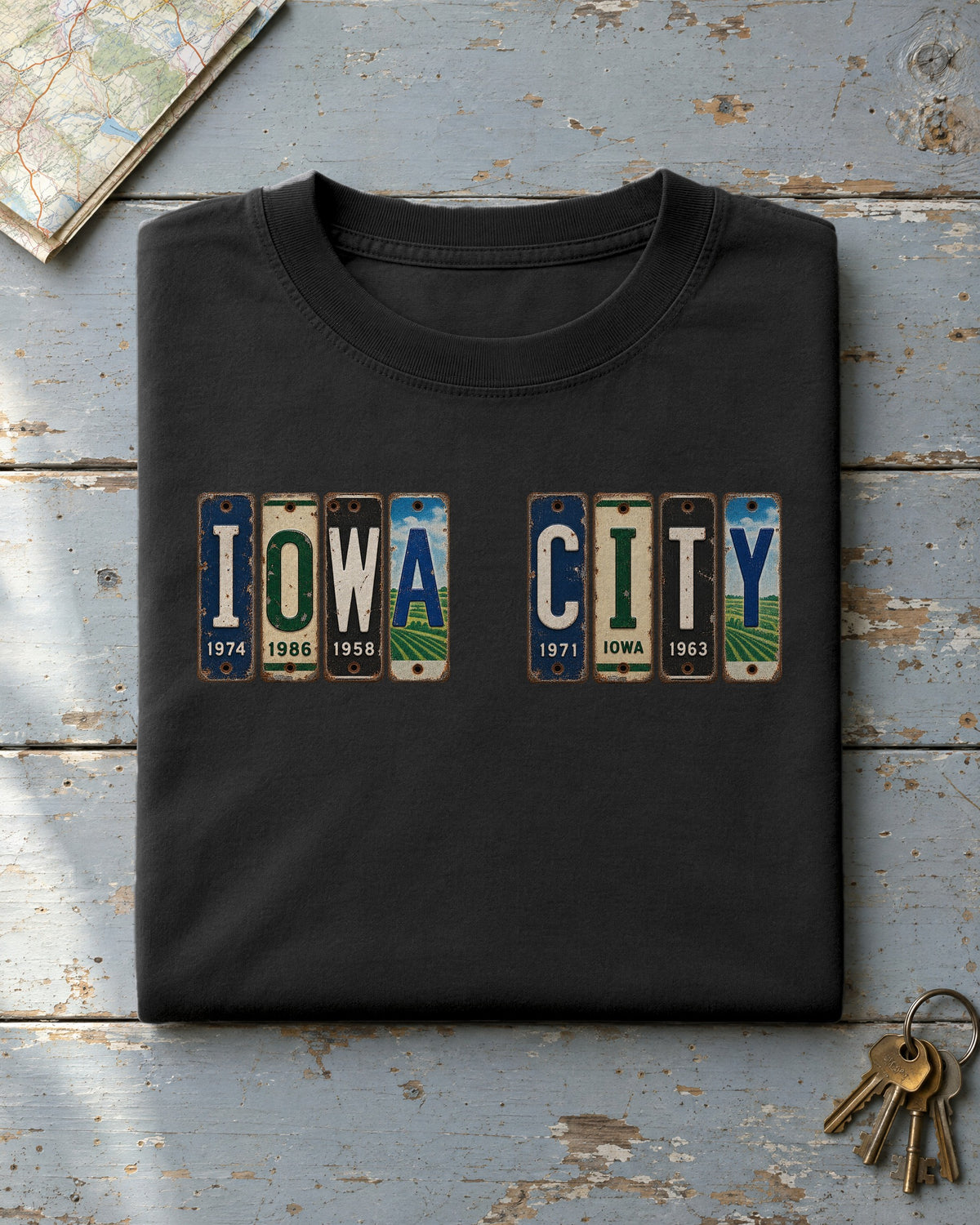 Iowa City, Iowa vintage license plate t-shirt in Black
