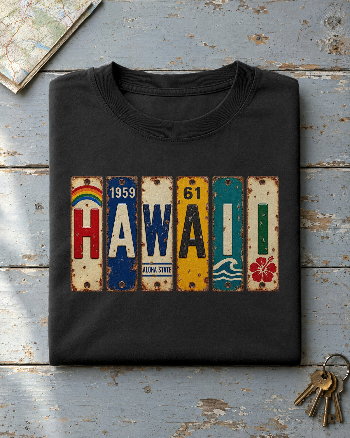 Hawaii vintage license plate t-shirt in Black