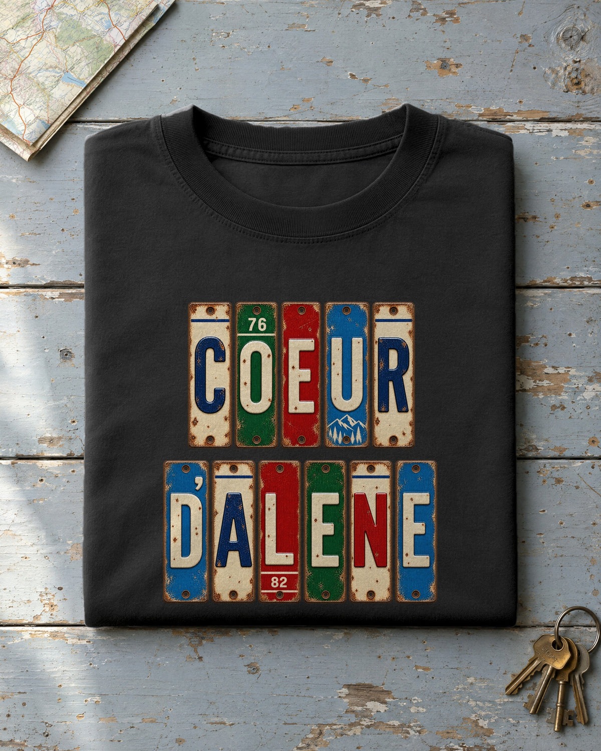 Coeur d'Alene, Idaho vintage license plate t-shirt in Black