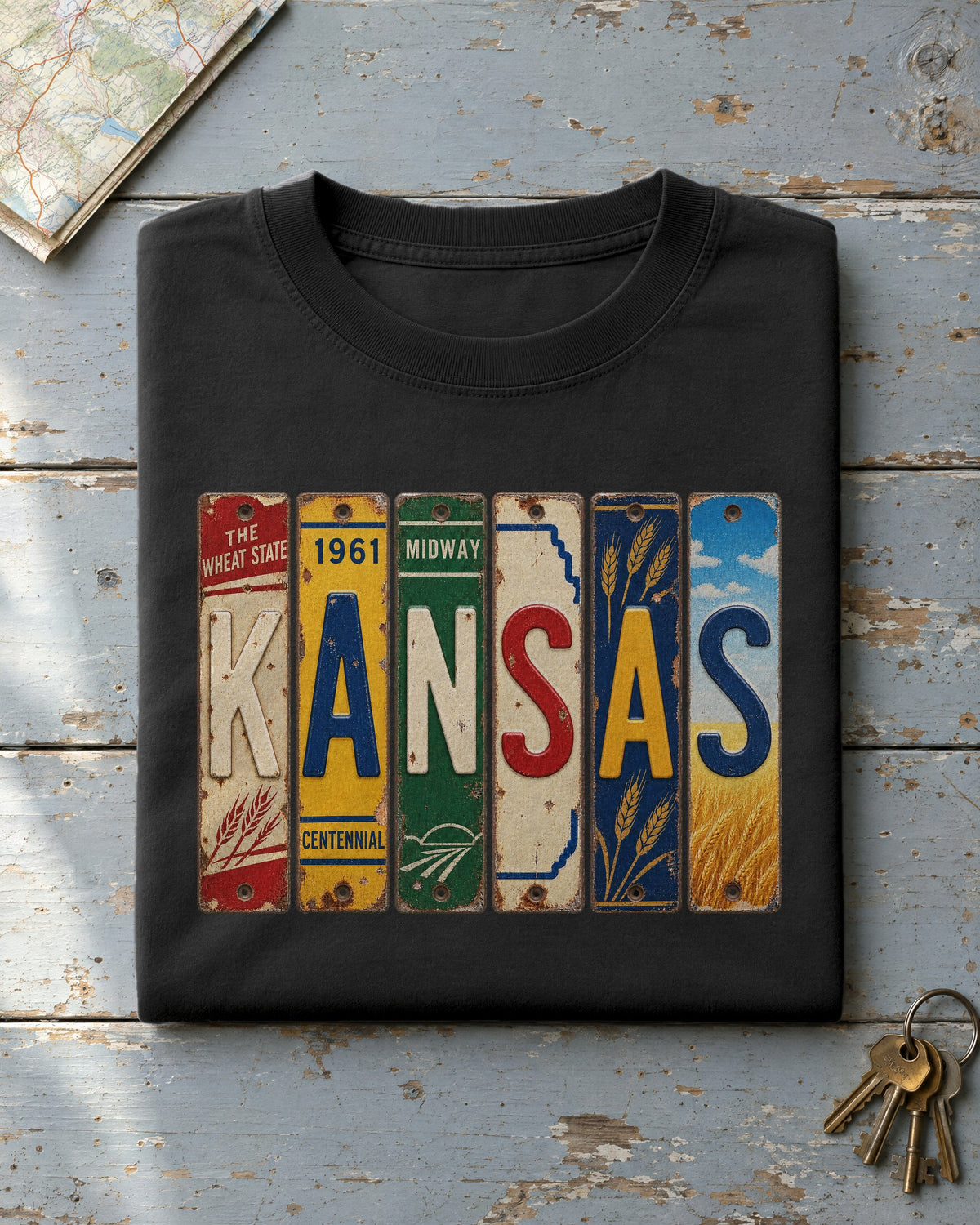Kansas vintage license plate t-shirt in Black