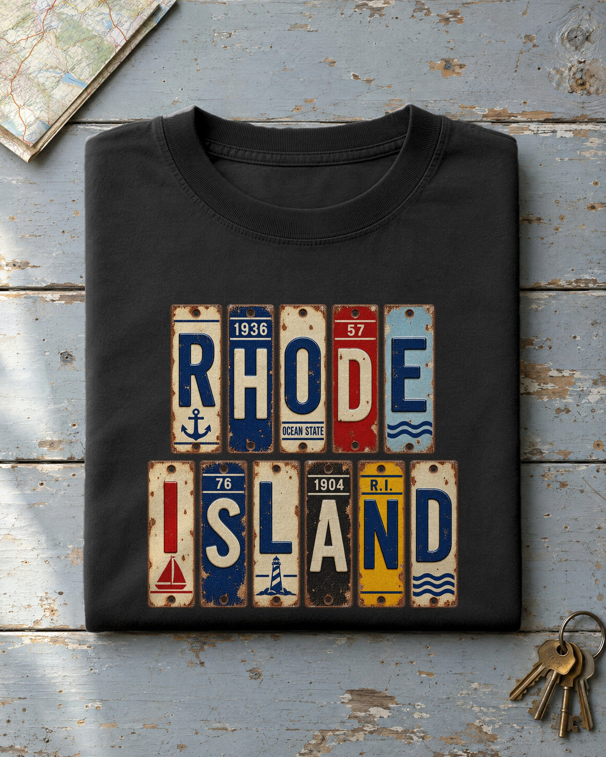 Rhode Island vintage license plate t-shirt in Black
