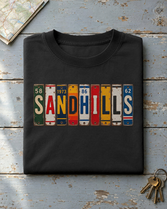 Sandhills, Nebraska vintage license plate t-shirt in Black