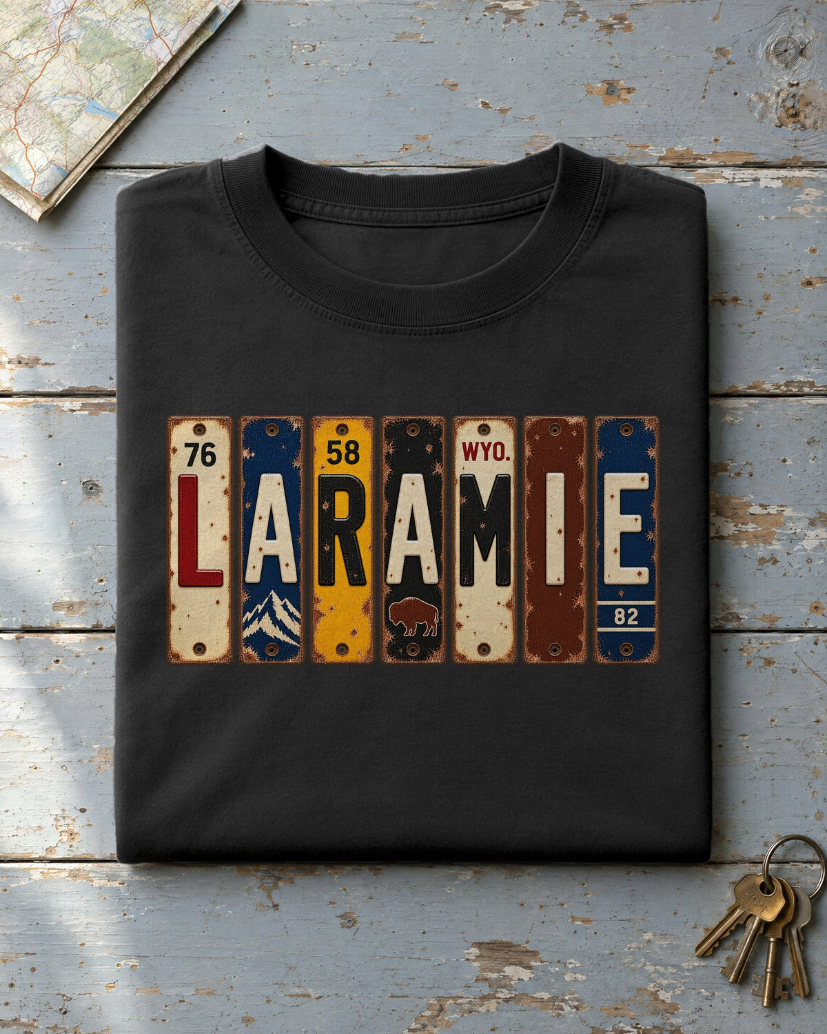 Laramie, Wyoming vintage license plate t-shirt in Black