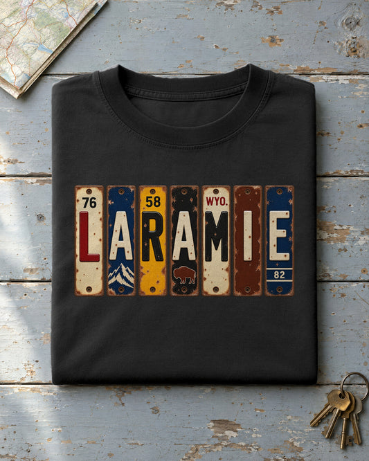 Laramie, Wyoming vintage license plate t-shirt in Black