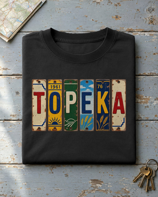 Topeka, Kansas vintage license plate t-shirt in Black