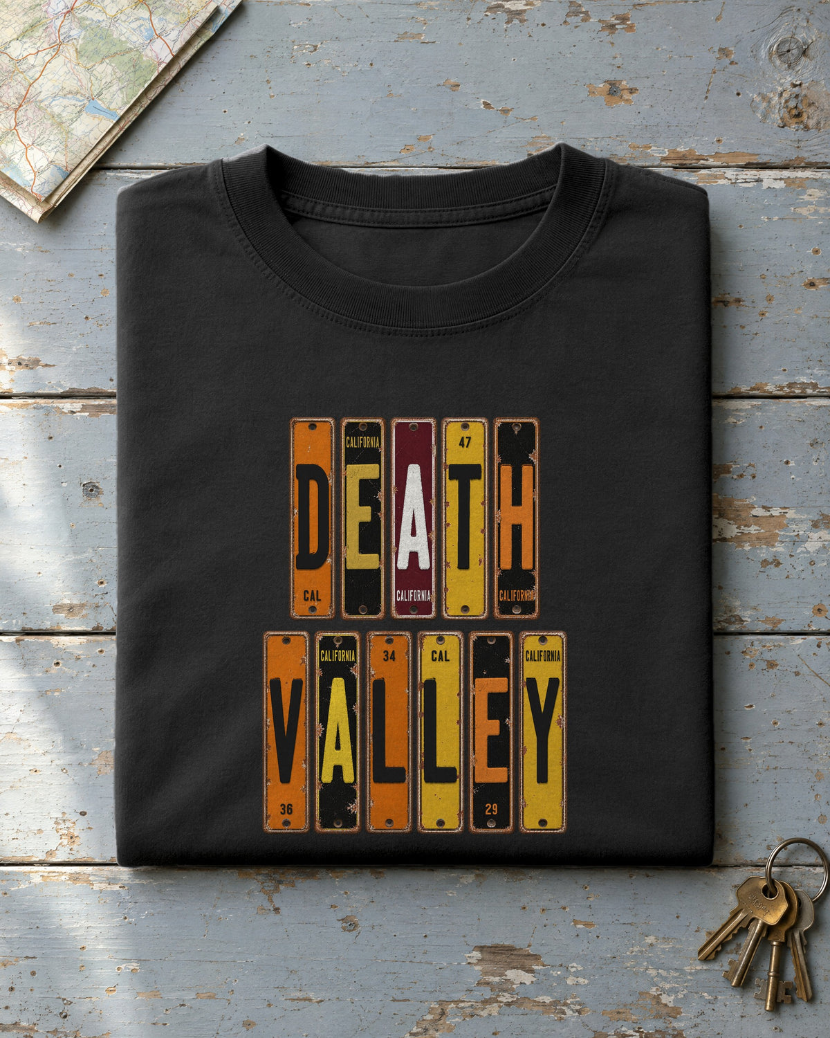 Death Valley, California vintage license plate t-shirt in Black