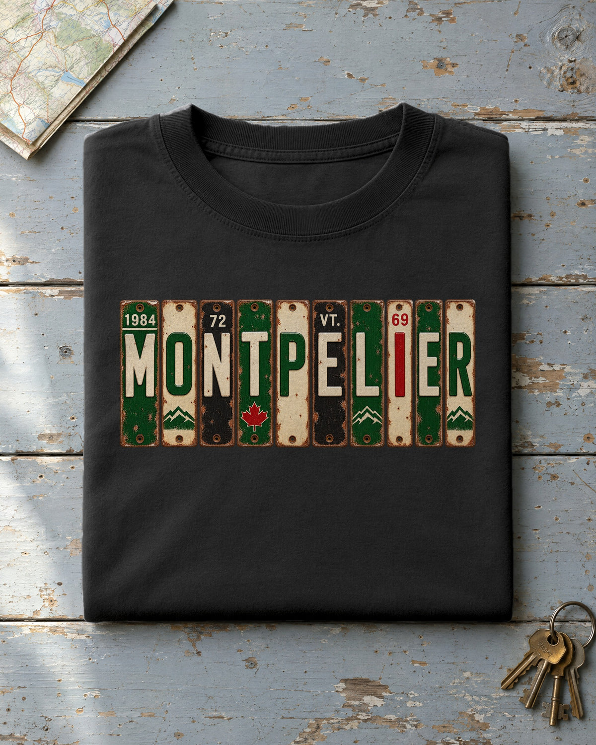 Montpelier, Vermont vintage license plate t-shirt in Black