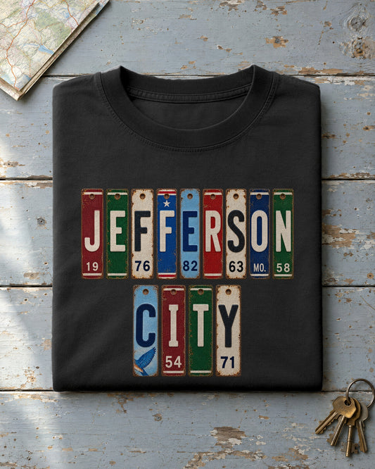 Jefferson City, Missouri vintage license plate t-shirt in Black