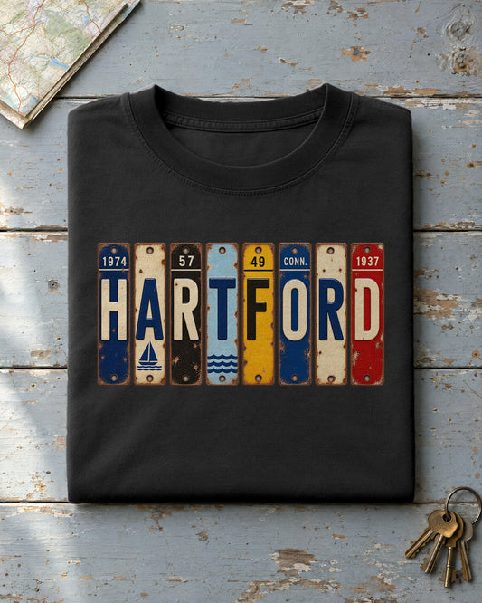 Hartford, Connecticut vintage license plate t-shirt in Black
