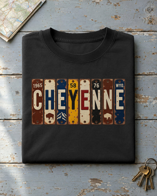 Cheyenne, Wyoming vintage license plate t-shirt in Black