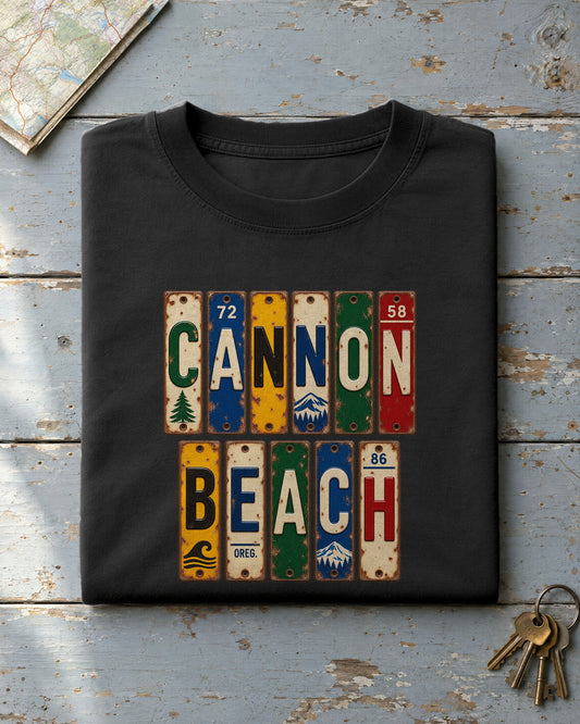 Cannon Beach, Oregon vintage license plate t-shirt in Black