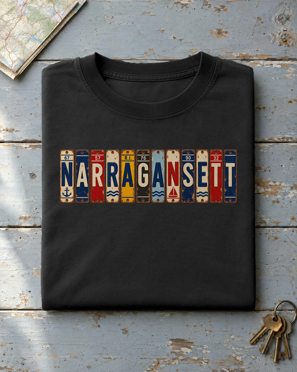 Narragansett, Rhode Island vintage license plate t-shirt in Black