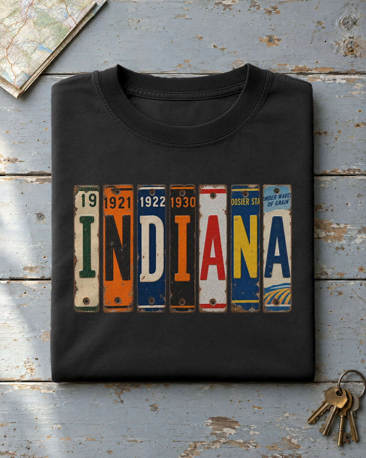 Indiana vintage license plate t-shirt in Black