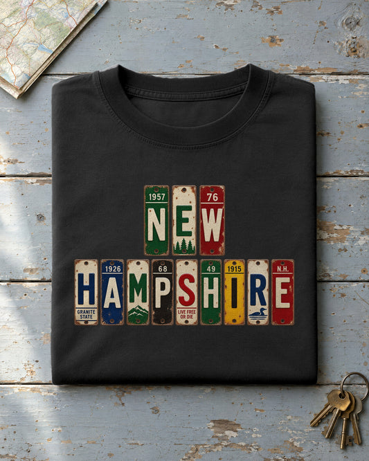 New Hampshire vintage license plate t-shirt in Black