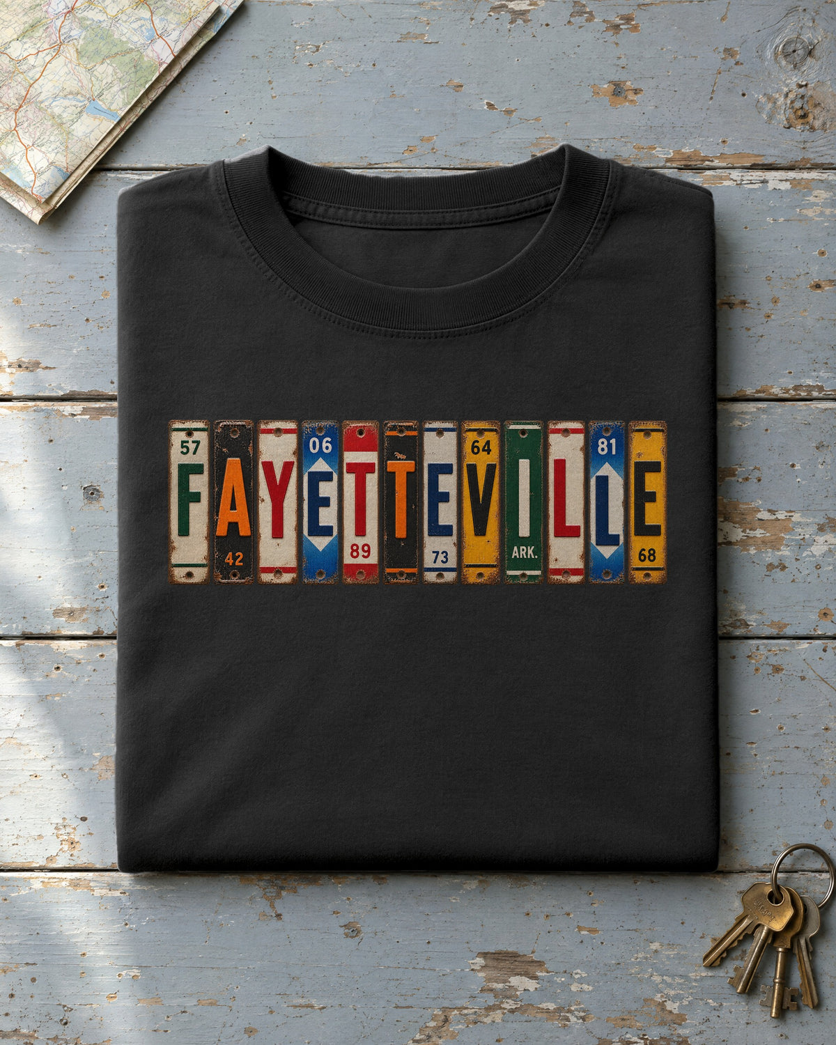 Fayetteville, Arkansas vintage license plate t-shirt in Black
