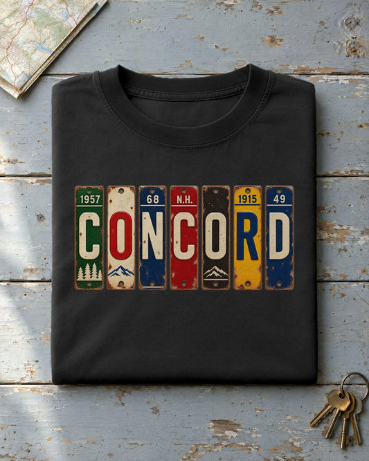 Concord, New Hampshire vintage license plate t-shirt in Black