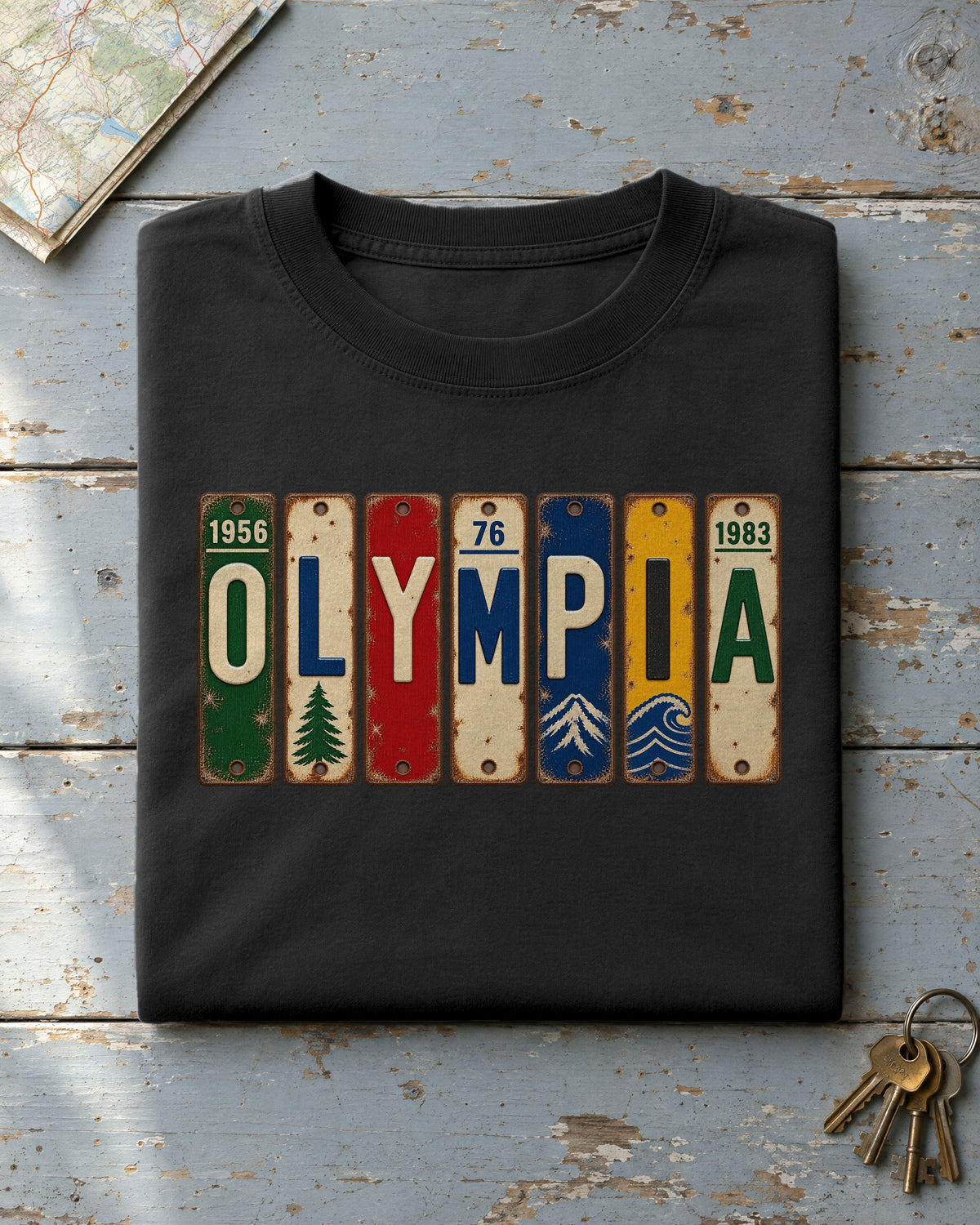 Olympia, Washington vintage license plate t-shirt in Black