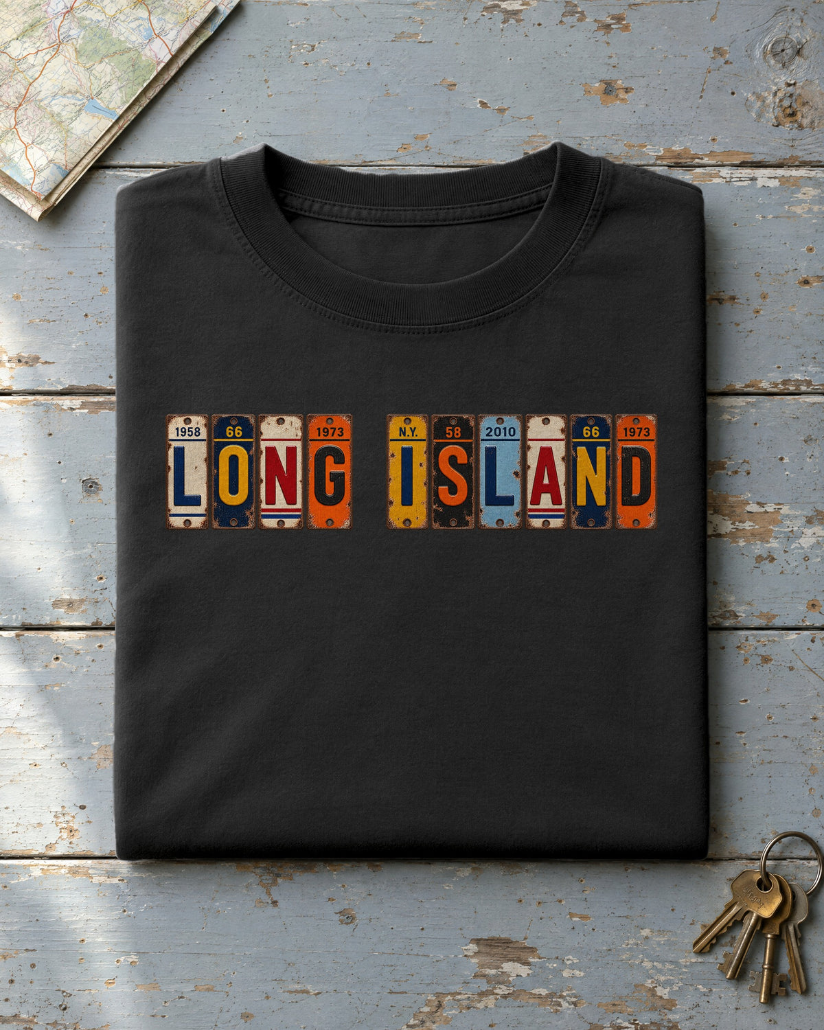 Long Island, New York vintage license plate t-shirt in Black